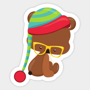 Winter Bear, Hipster Bear, Bear With Glasses, Hat Sticker